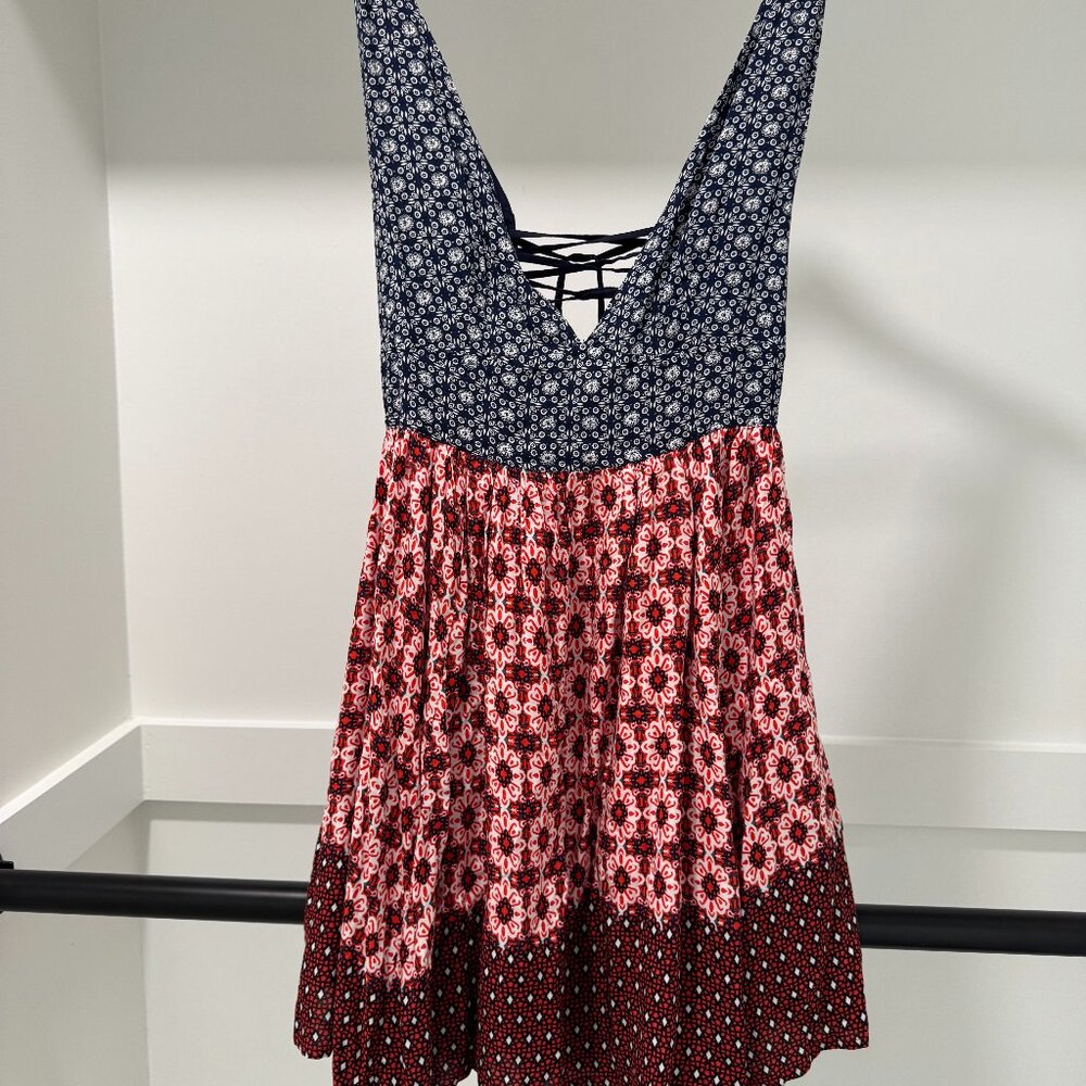 Lulus mini dress, S, blue and red pattern